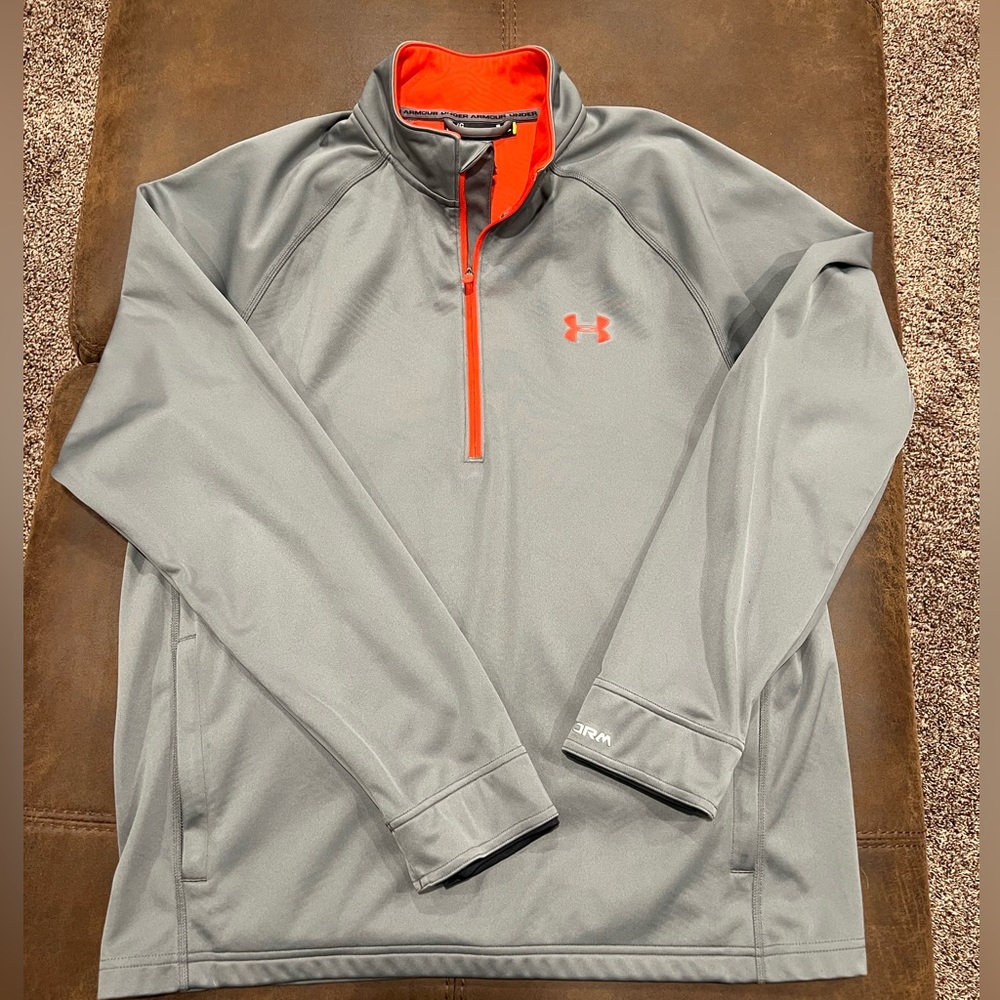 Under Armour 1/4 zip sweatshirt pull over gray orange men’s large heat gear